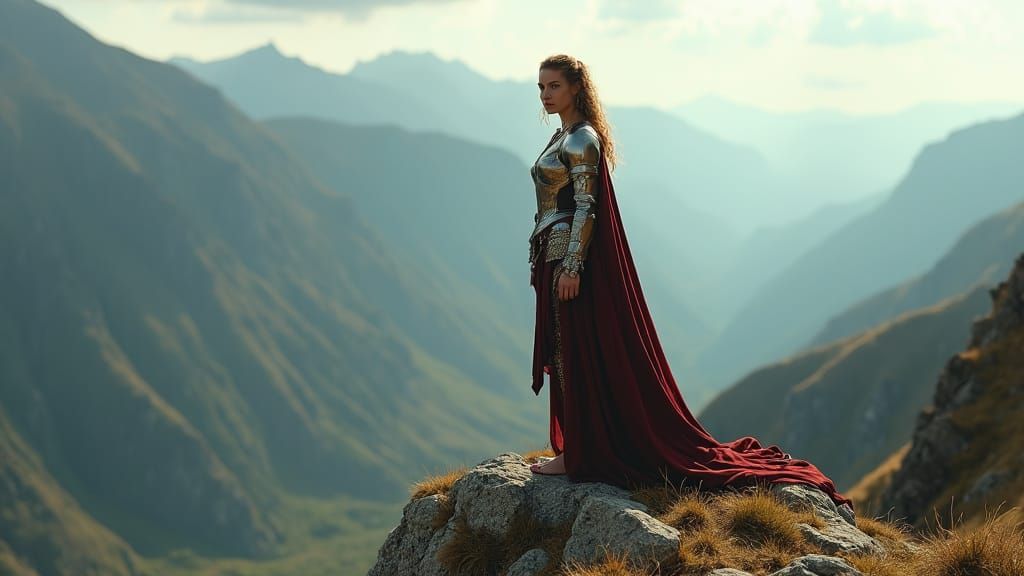 Woman in Shining Armor on Mountain, Photorealistic