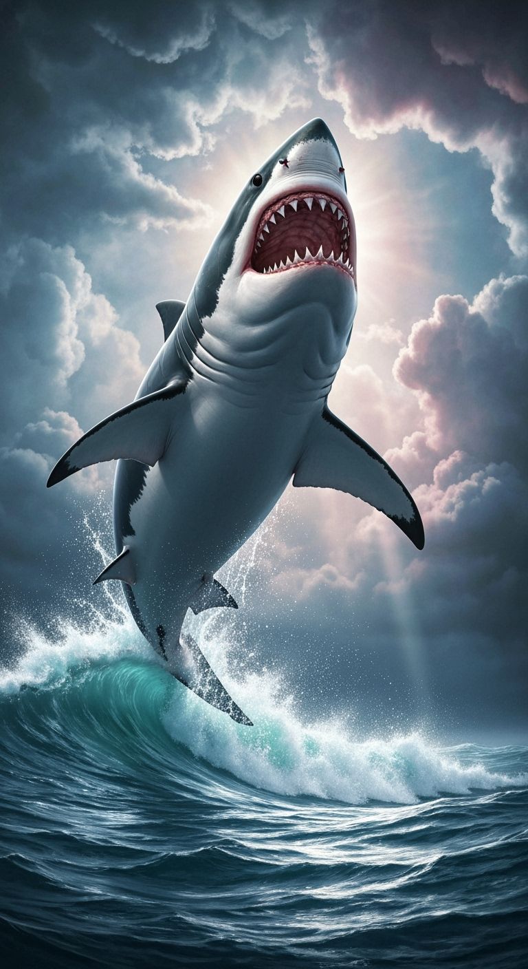 Great White Shark Breaching in Dramatic Stormy Seas
