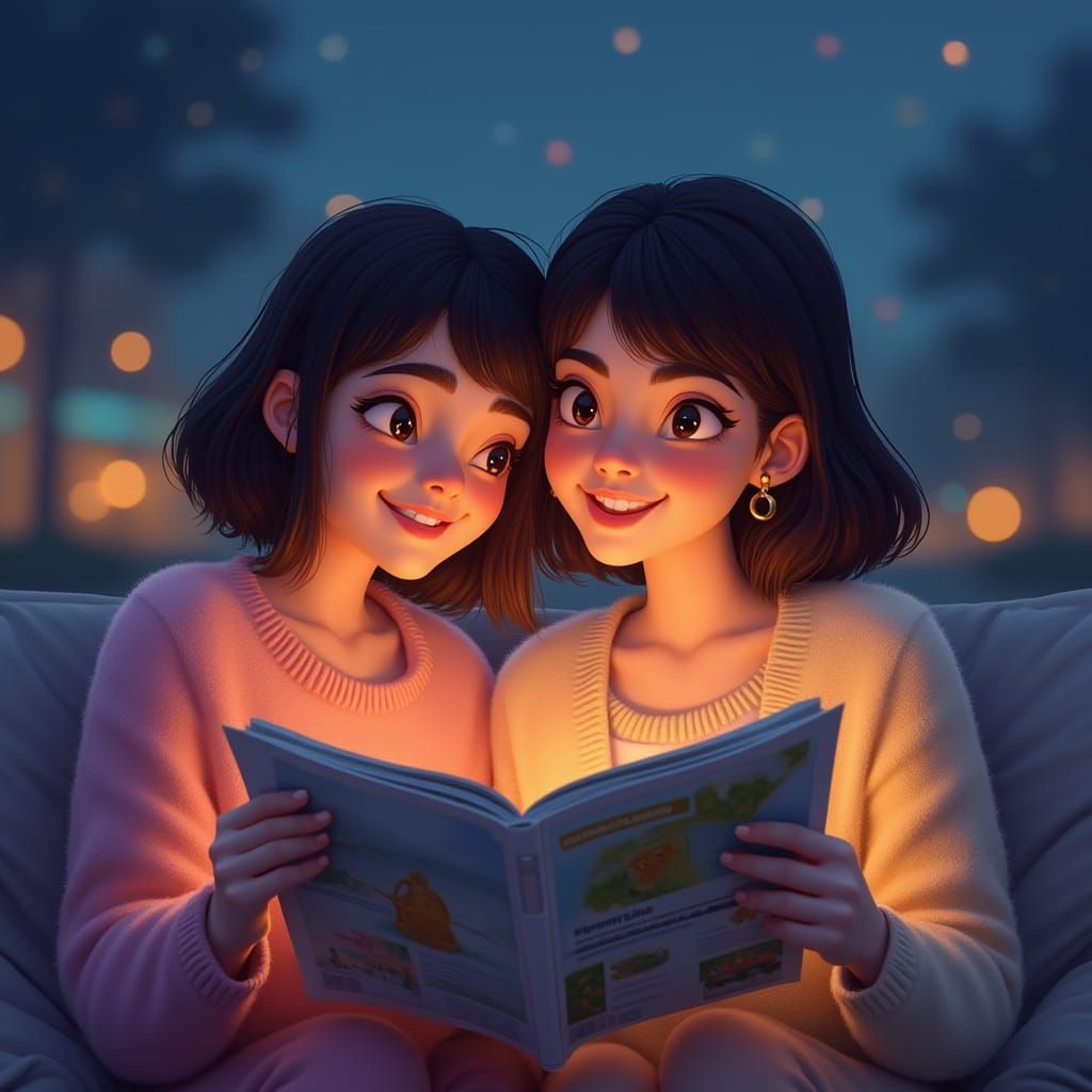 Women in Whimsical Nighttime Travel Dreamscape