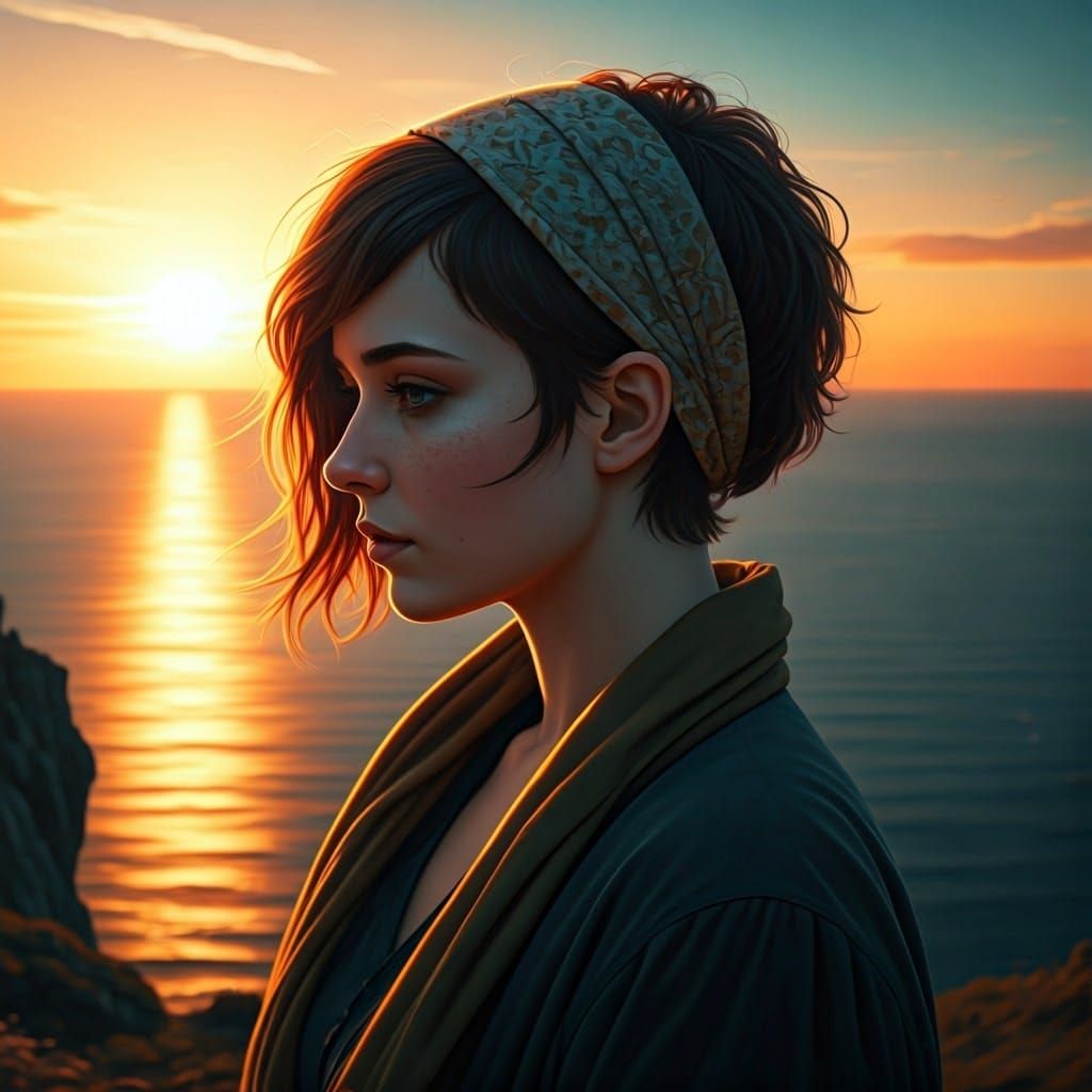 Young Woman at Sunset Cliff's Edge, Contemplative Moment in ...
