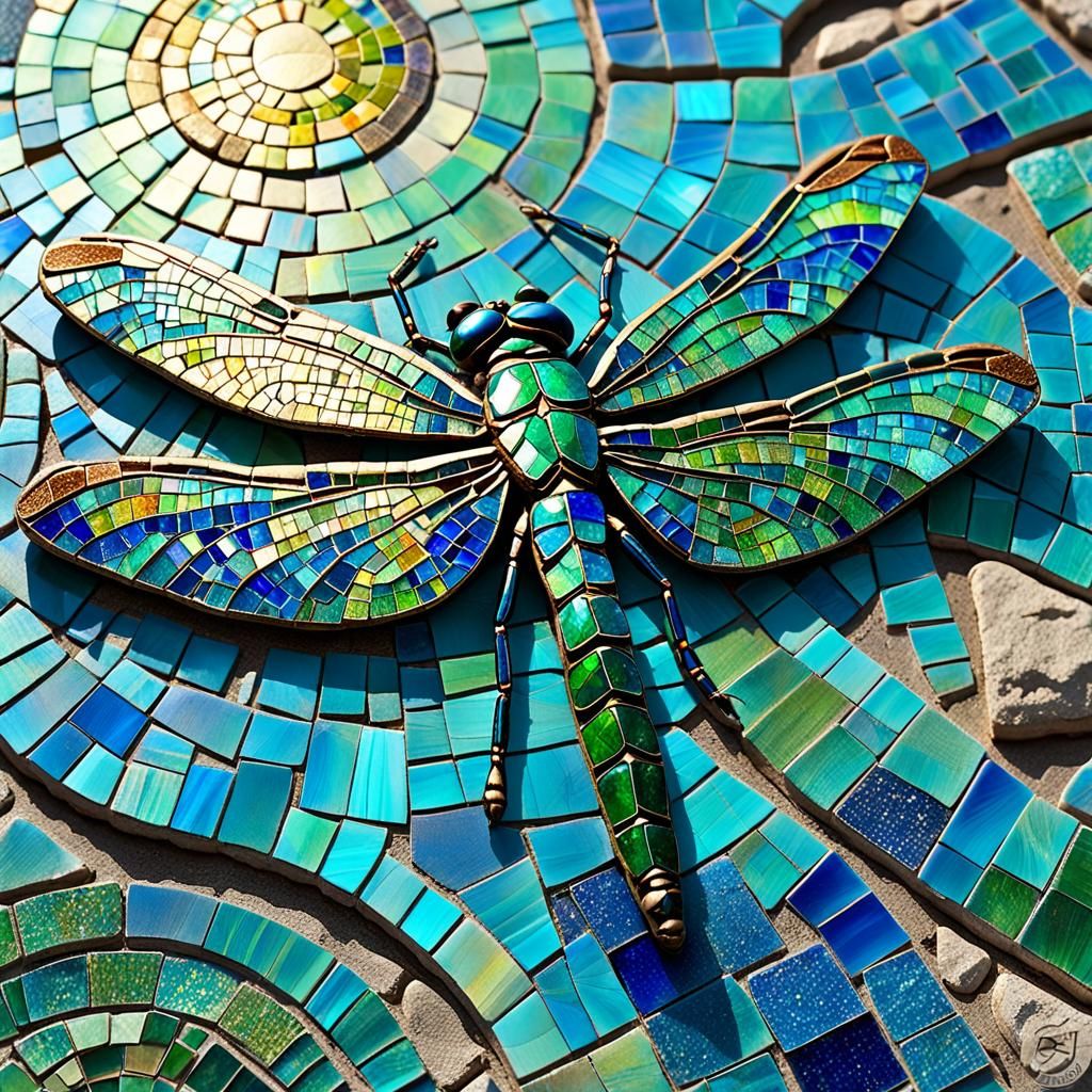 Mosaic Dragonfly on Stone Wall in Byzantine Style