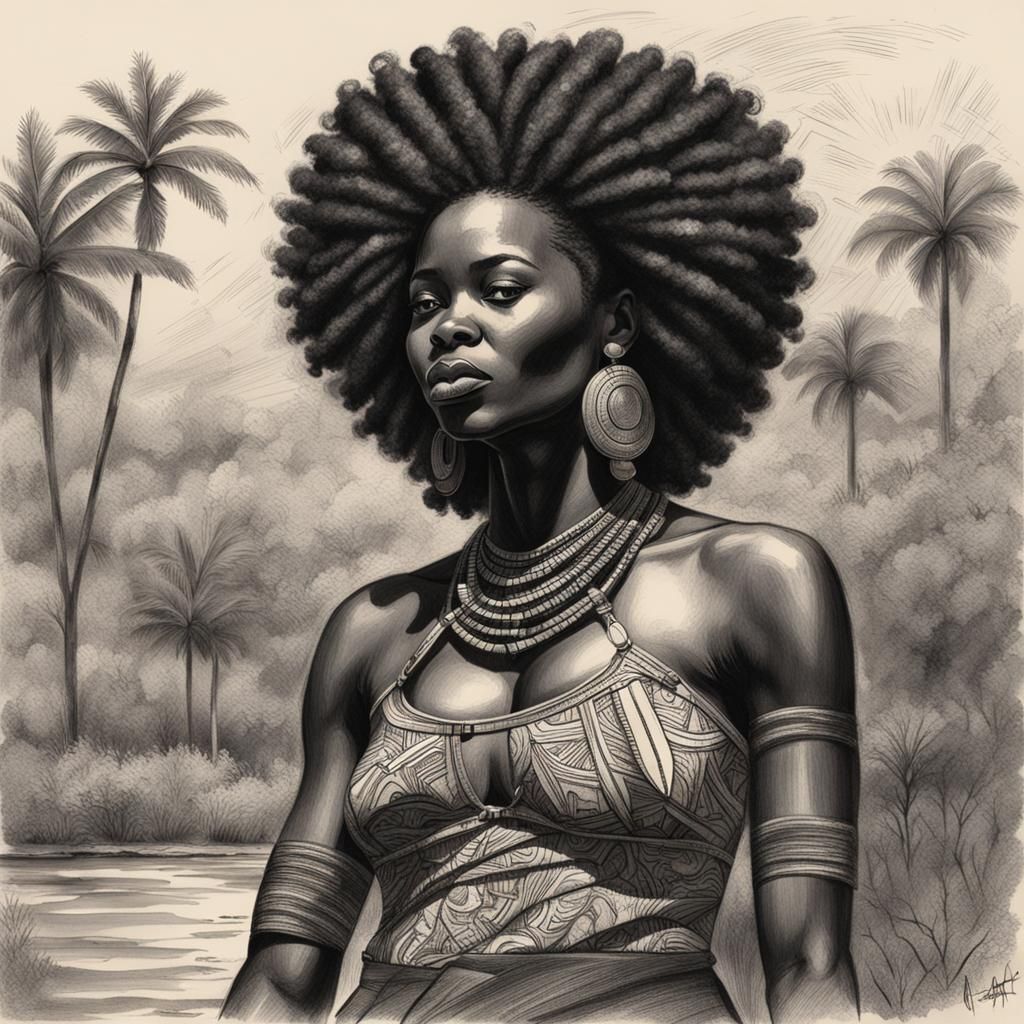Bikini Portrait of Black Woman in Pencil Sketch