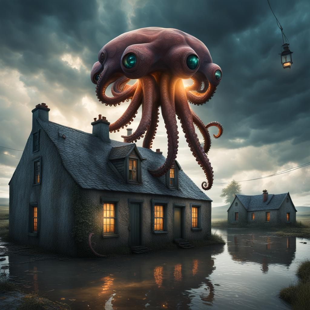 Surreal Victorian Octopus Over Dystopian Village