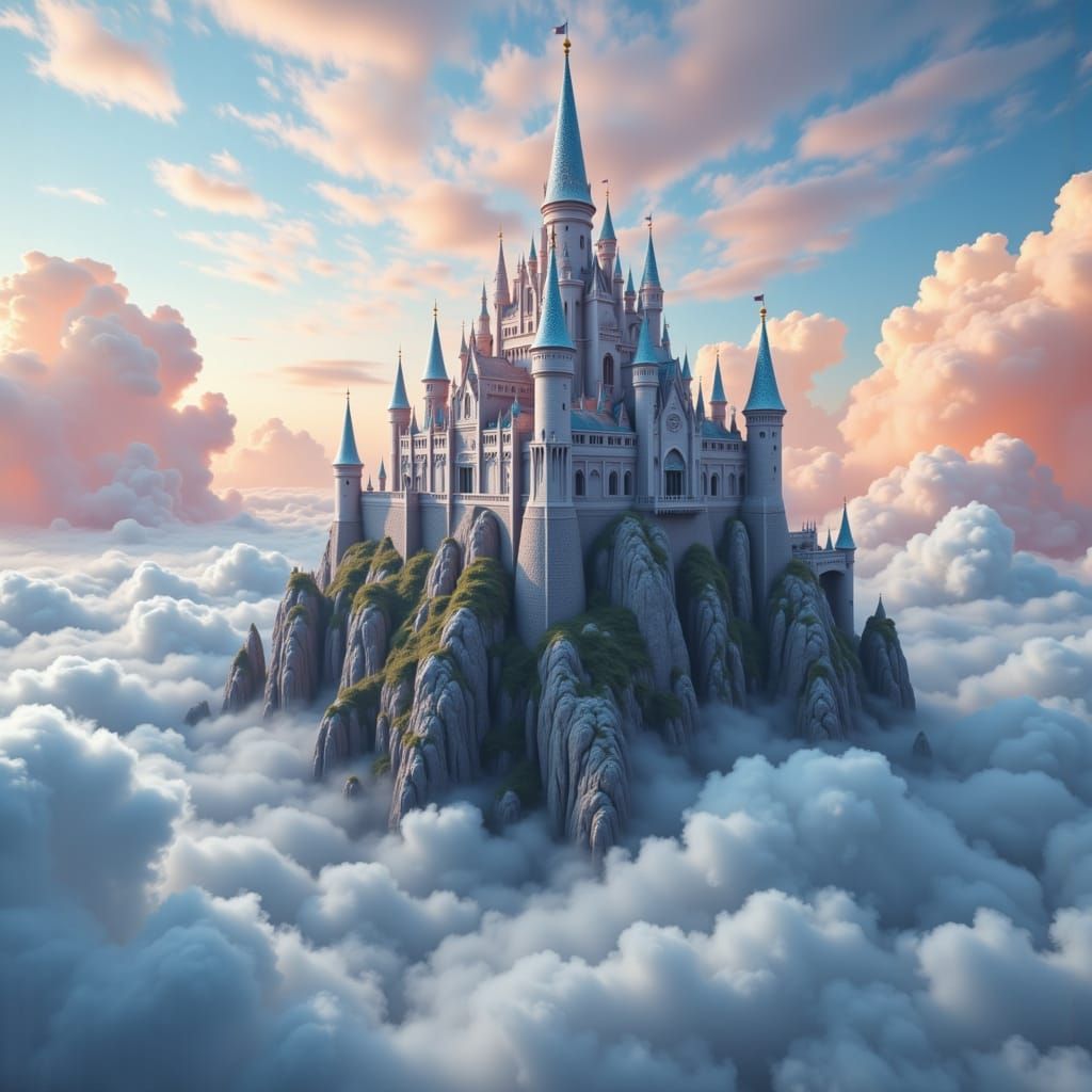 Silver Castle Above Clouds in Volumetric Light