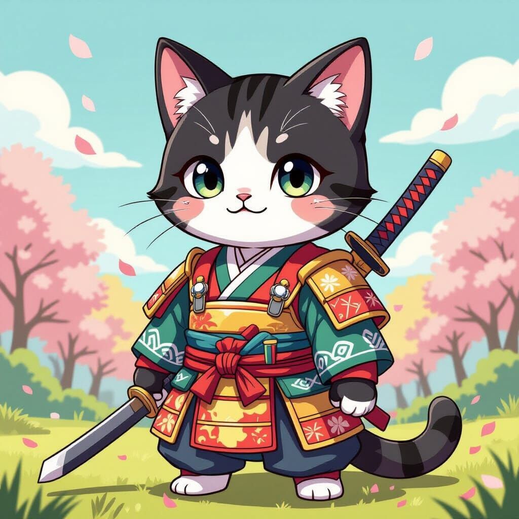 Samurai Cat in Traditional Outfit, Cartoon Style