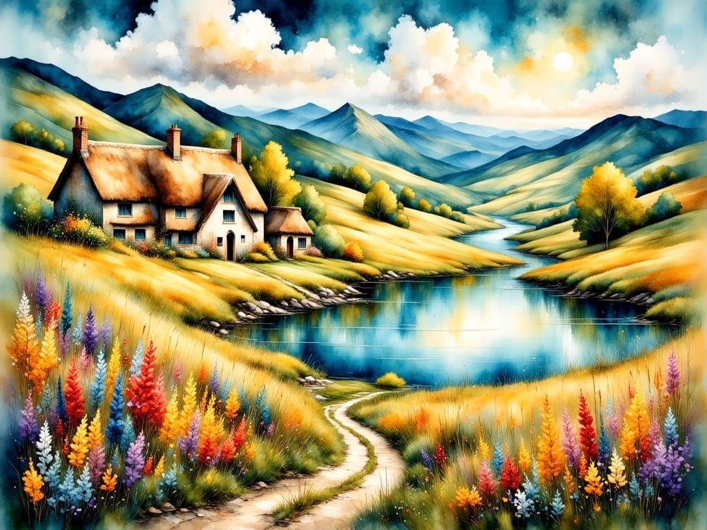 Dreamy Watercolor Landscape with Quaint Cottage