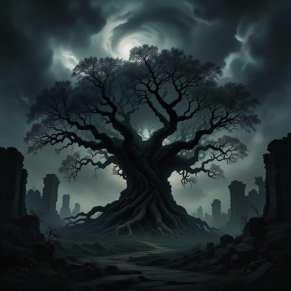 Ancient Bioluminescent Tree Among Cosmic Ruins