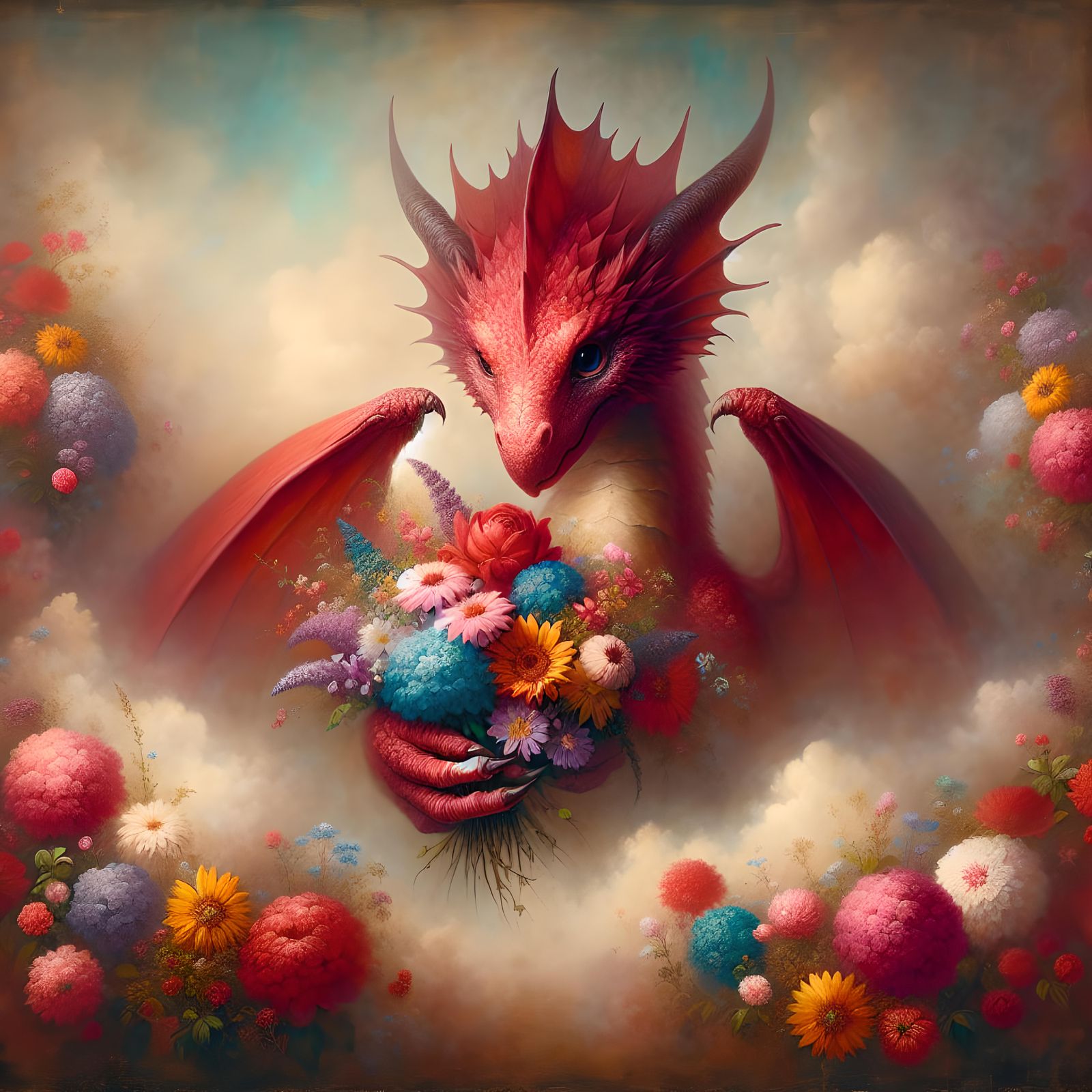 Crimson Dragon with Flowers in Ethereal Oil Painting