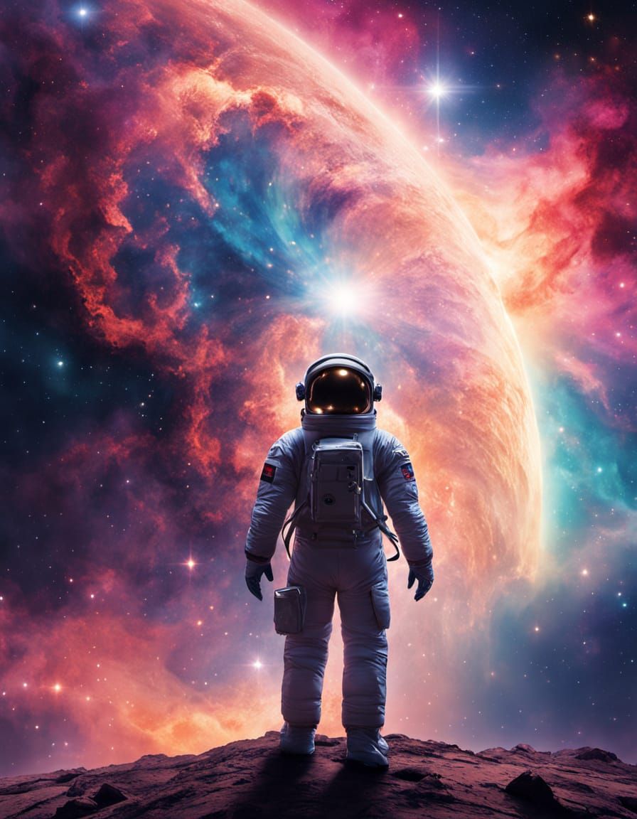 Astronaut Reaches for Luminous Galaxy in Vibrant Nebula