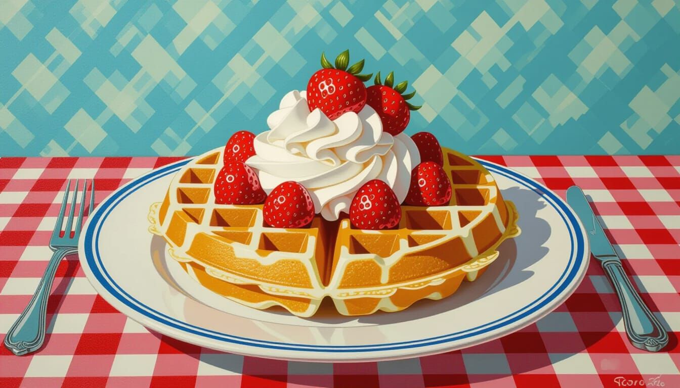 Gourmet Waffle with Strawberries in Ligne Claire Style
