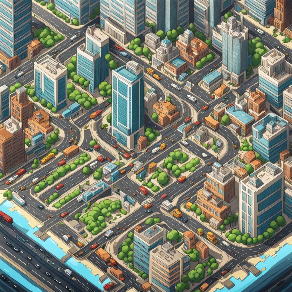 Cartoon Isometric Metropolis Inspired by Anime Art
