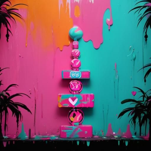 Pale Pink Totem Pole with Graffiti Art