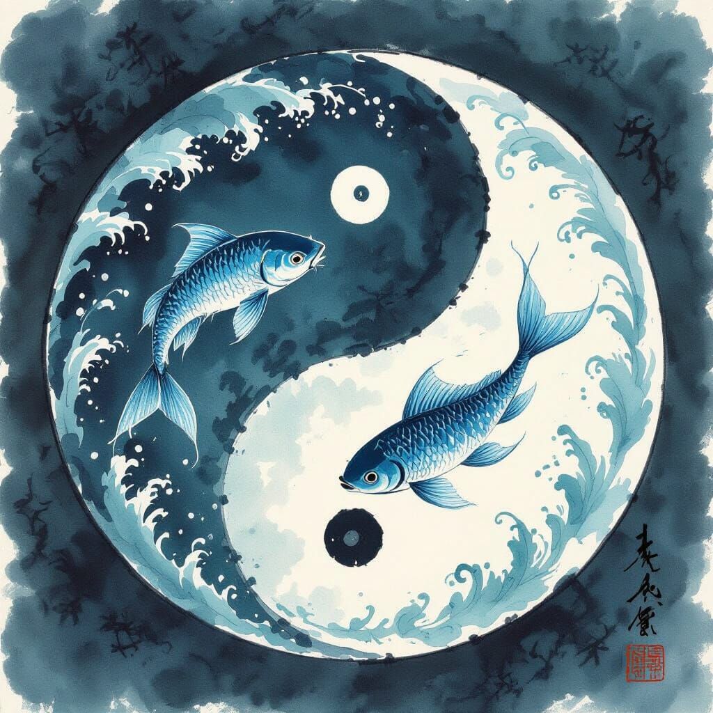 Dynamic Blue Fish Swirling in Aquatic Yin-Yang