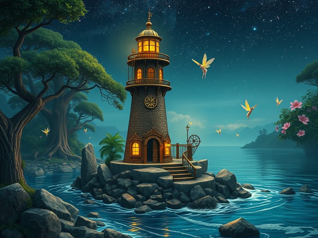 Steampunk Fairy Lighthouse Under Starry Sky