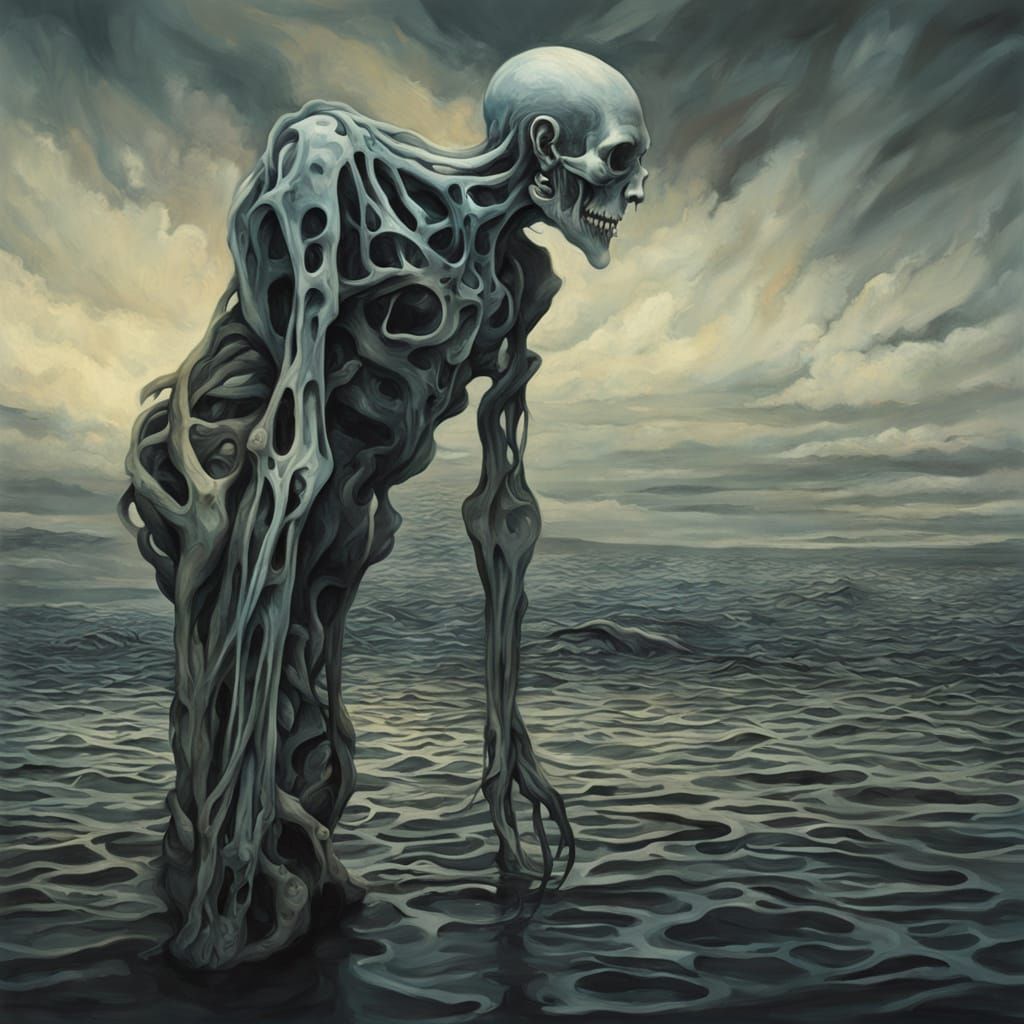 Surreal Oil Painting of Hunched Figure with Melting Spine