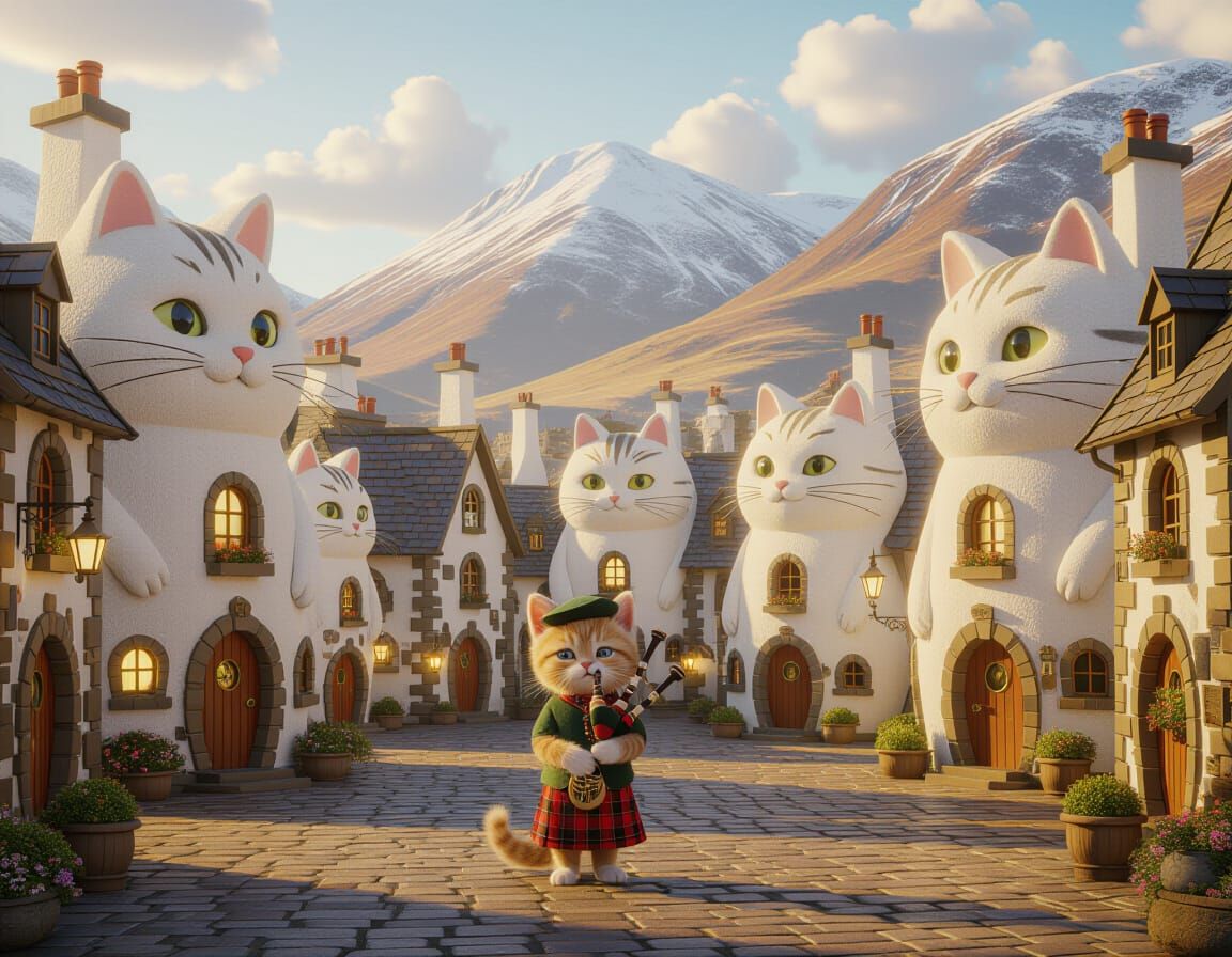 Whimsical Cat Village in Scottish Mountains