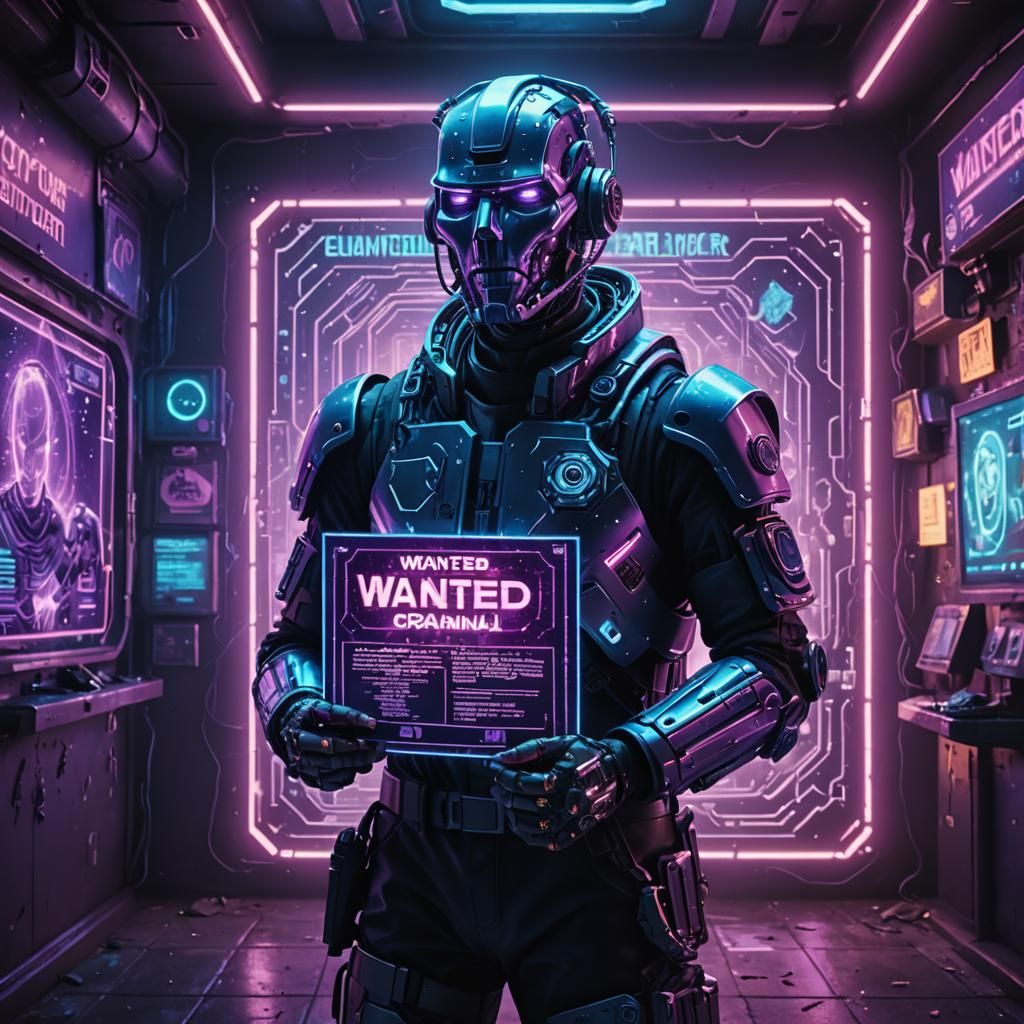 Cyborg Holding Wanted Poster in Neon Cityscape