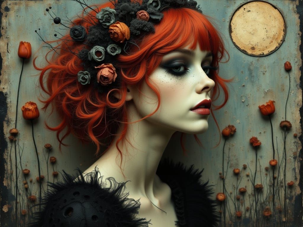 Gothic Woman in Moonlit Abstract Landscape