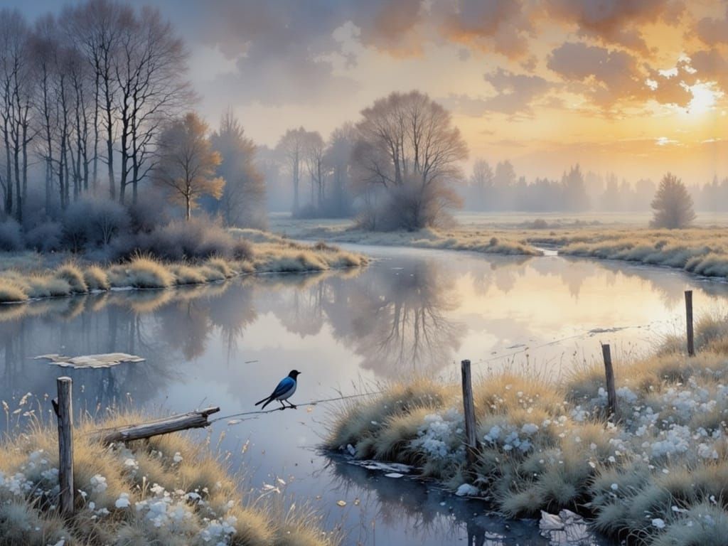 Heron in Foggy Field, Watercolor Painting