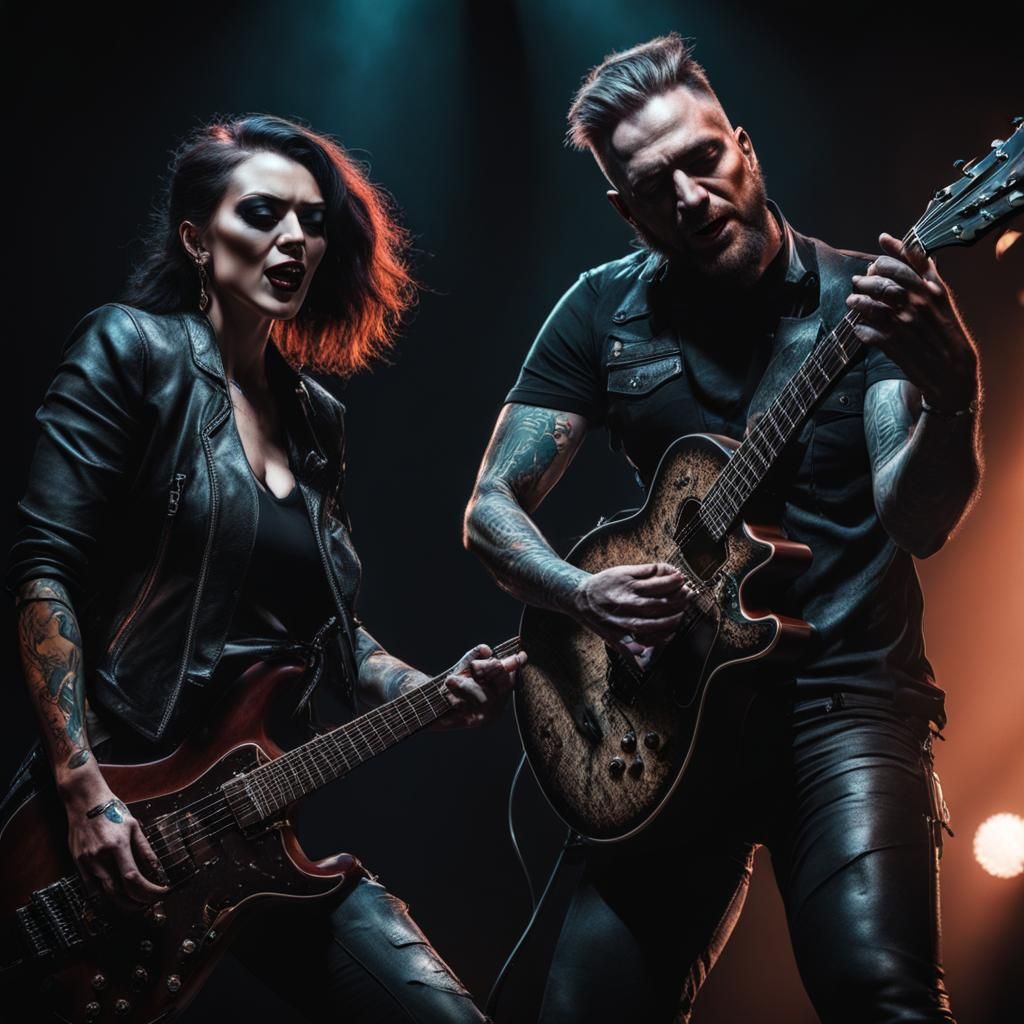 Hyperrealistic Wild Guitar Rock Duet in Leather