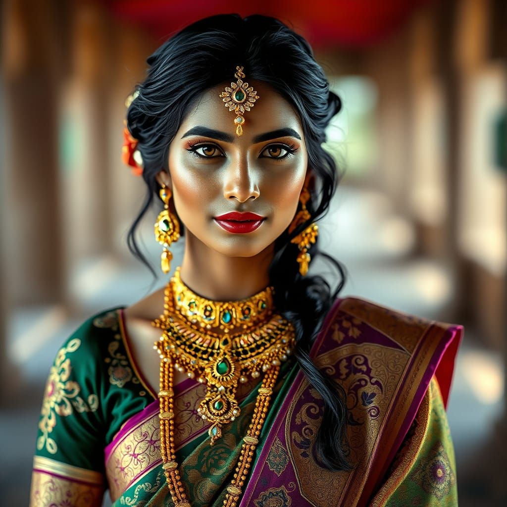 Indian Woman in Sari with Gold Jewelry