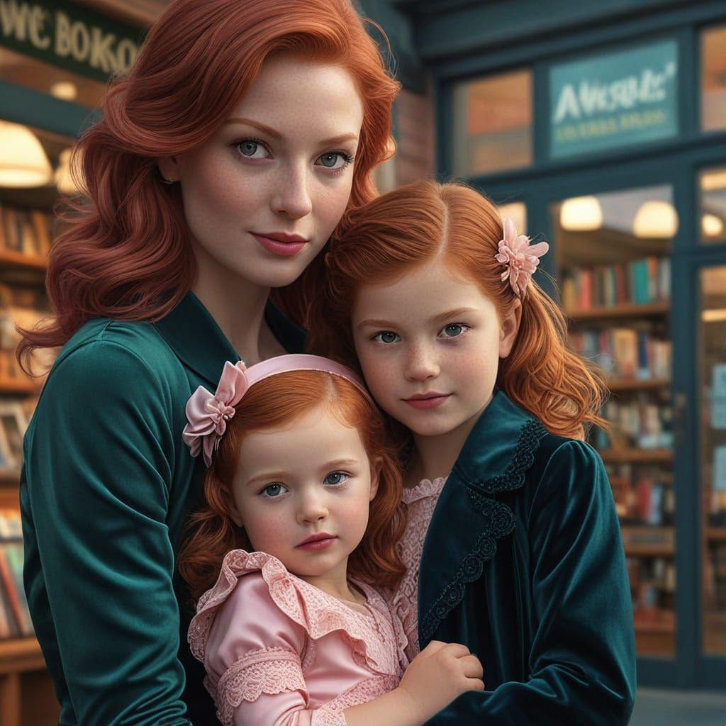 Redhead with Girl Outside Bookstore: Digital Art