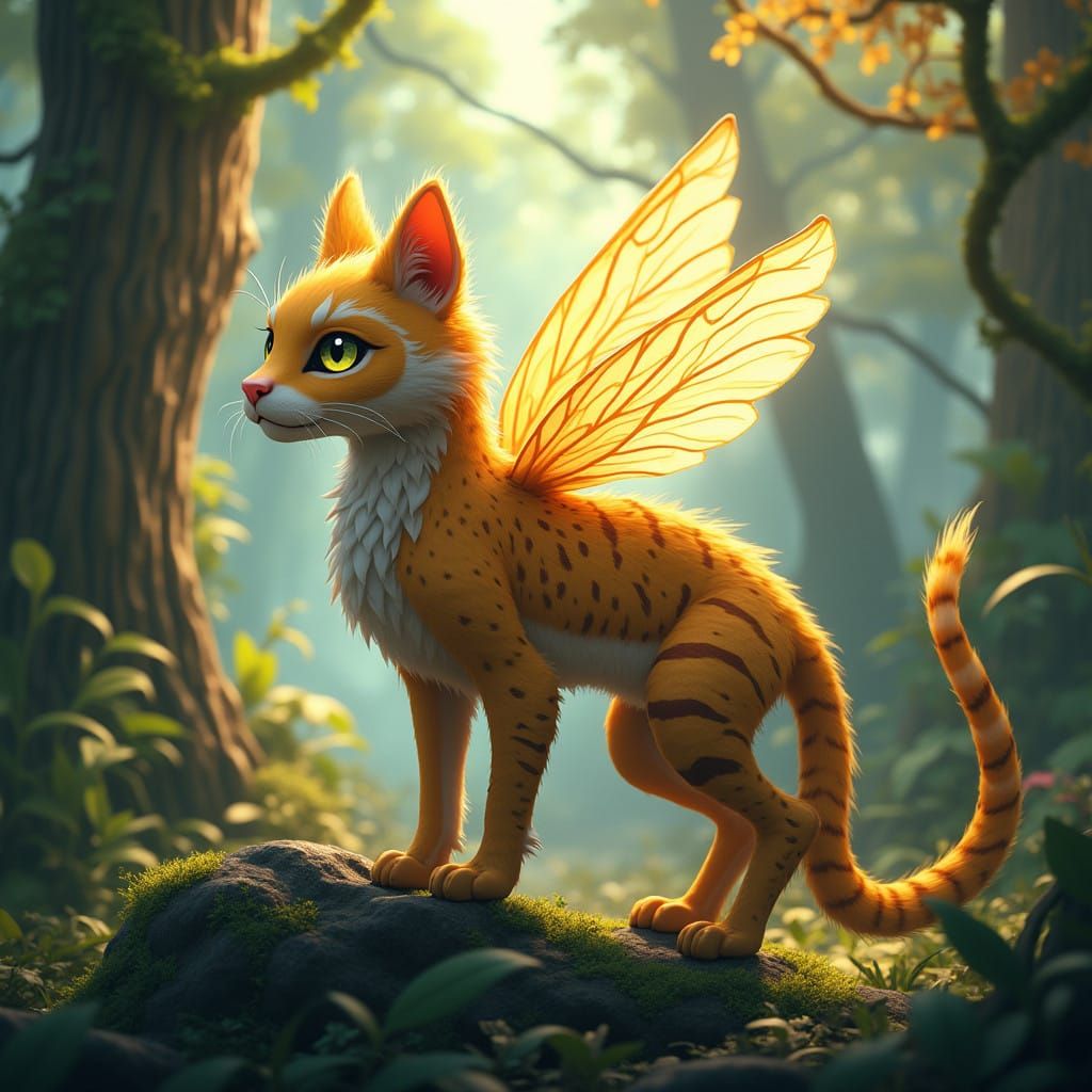 Majestic Feline-Bee Hybrid in a Dreamlike Forest