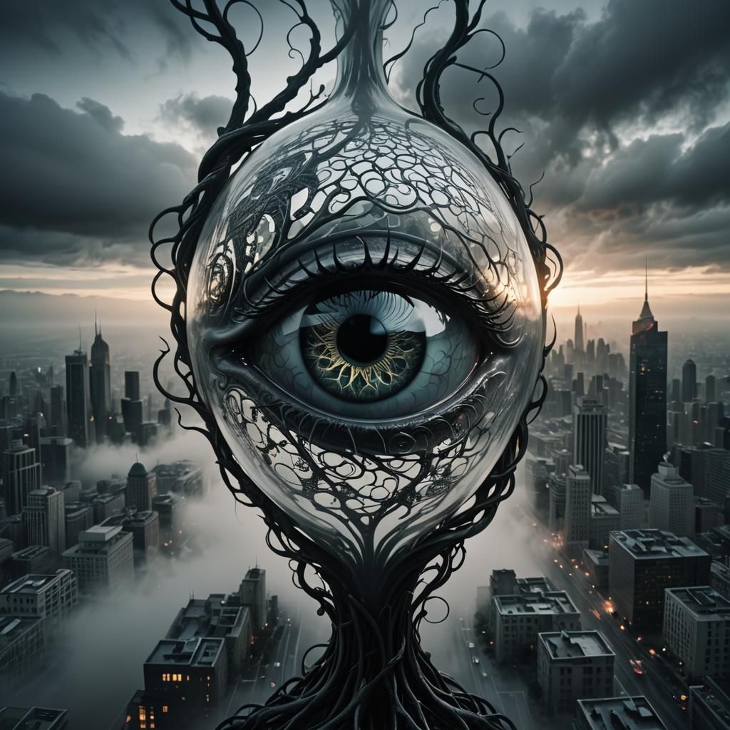 Surreal Glass 'A' with Brain in Dark Fantasy City