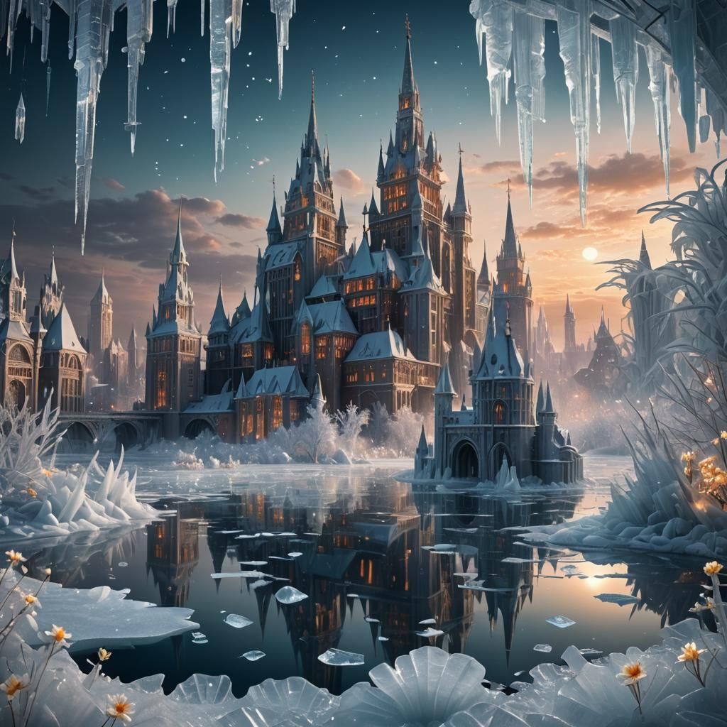 Intricate Ice Cityscape with Magical Glow