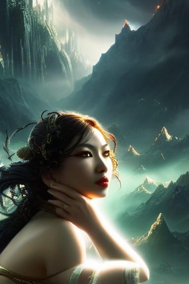 Giant Japanese Woman Over Medieval Village, Oil Painting