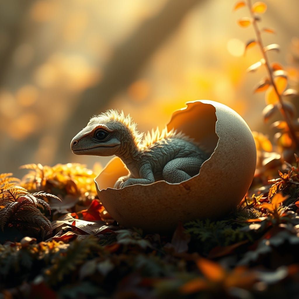 Surreal Autumn Landscape with a Baby Dinosaur Emerging