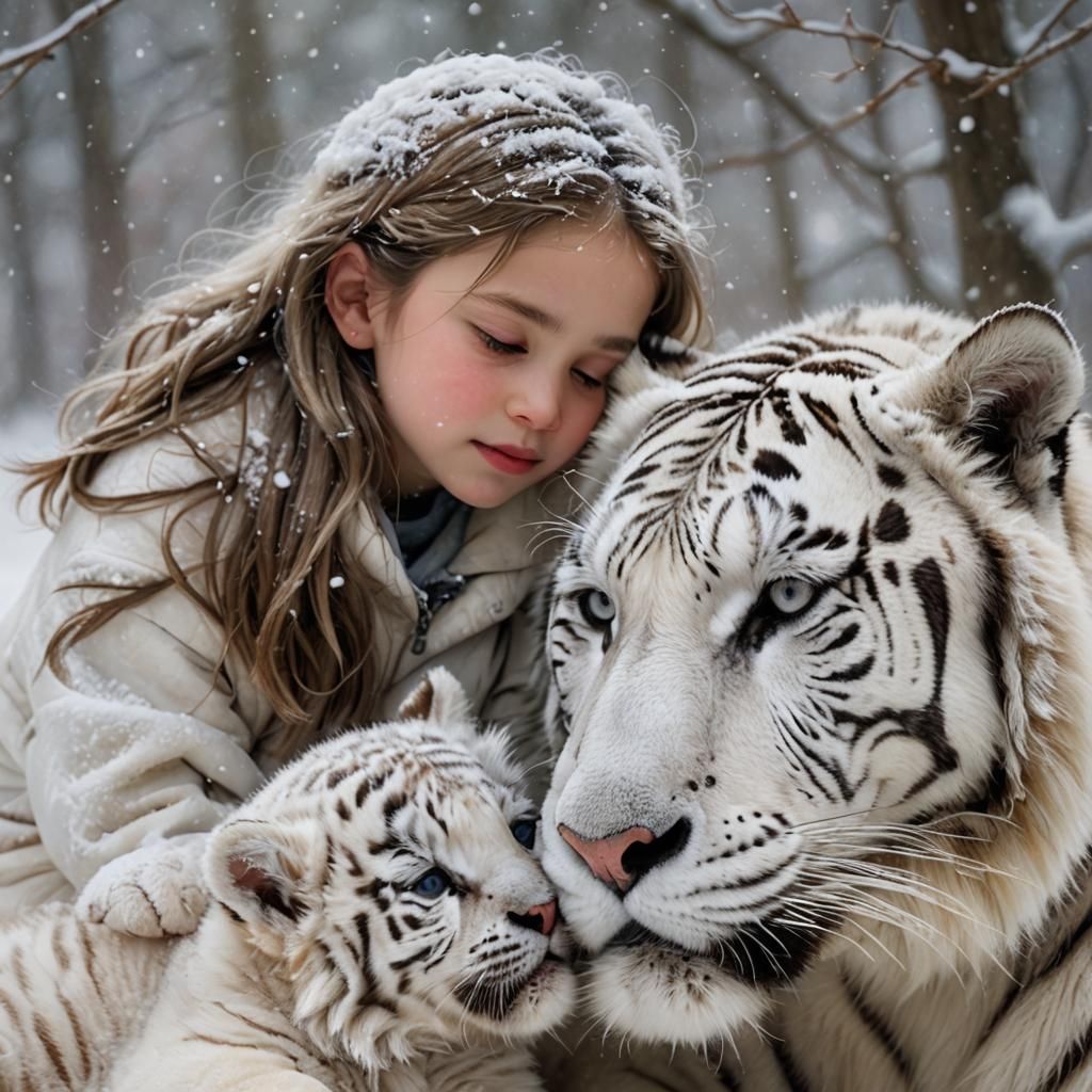 Siberian Tiger Cuddling Girl in Snow, Digital Painting