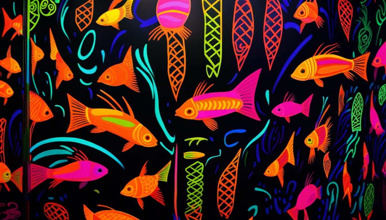 UV-light!!! Black Light!! Fluorescent colors!! Perfect Legs!! japanese fish swimming, tribal patterns! painted on a wall...