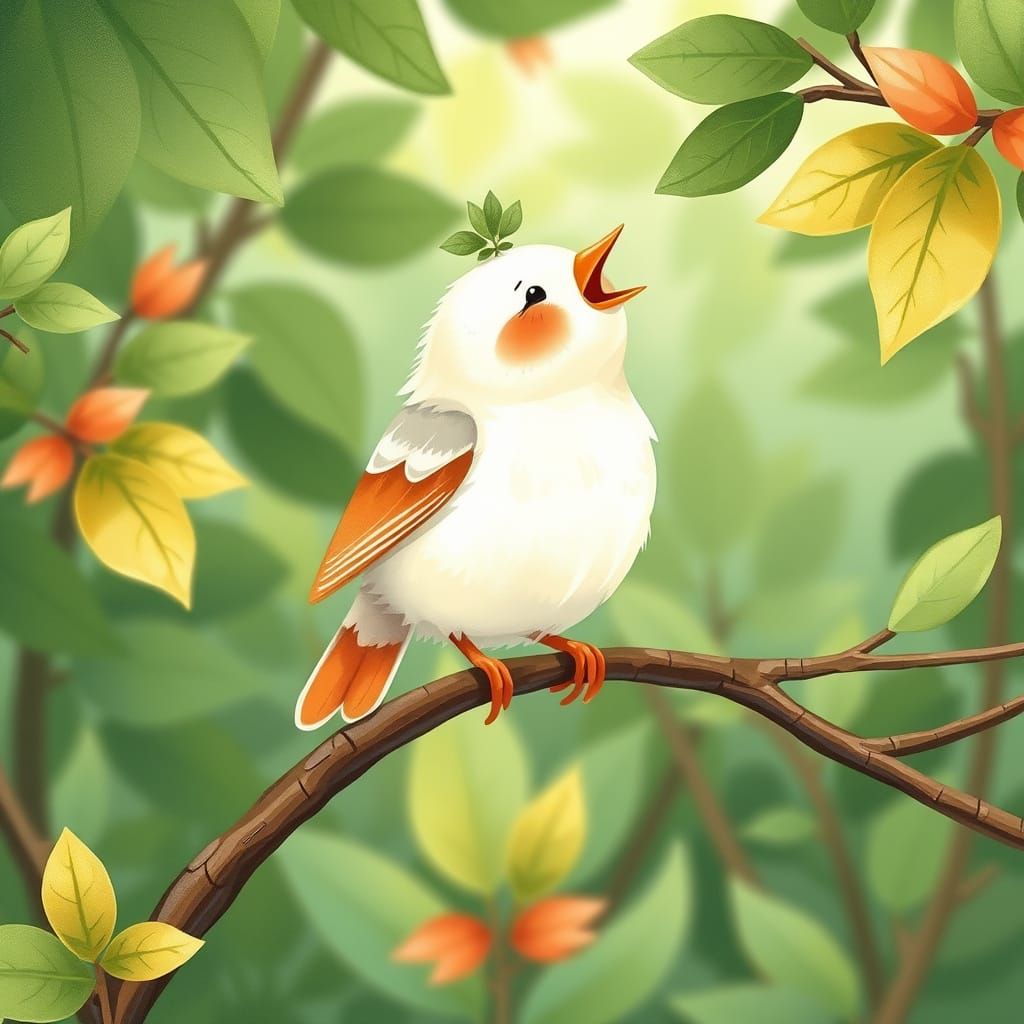 Whimsical Cel-Shaded Finch in Lush Green Foliage