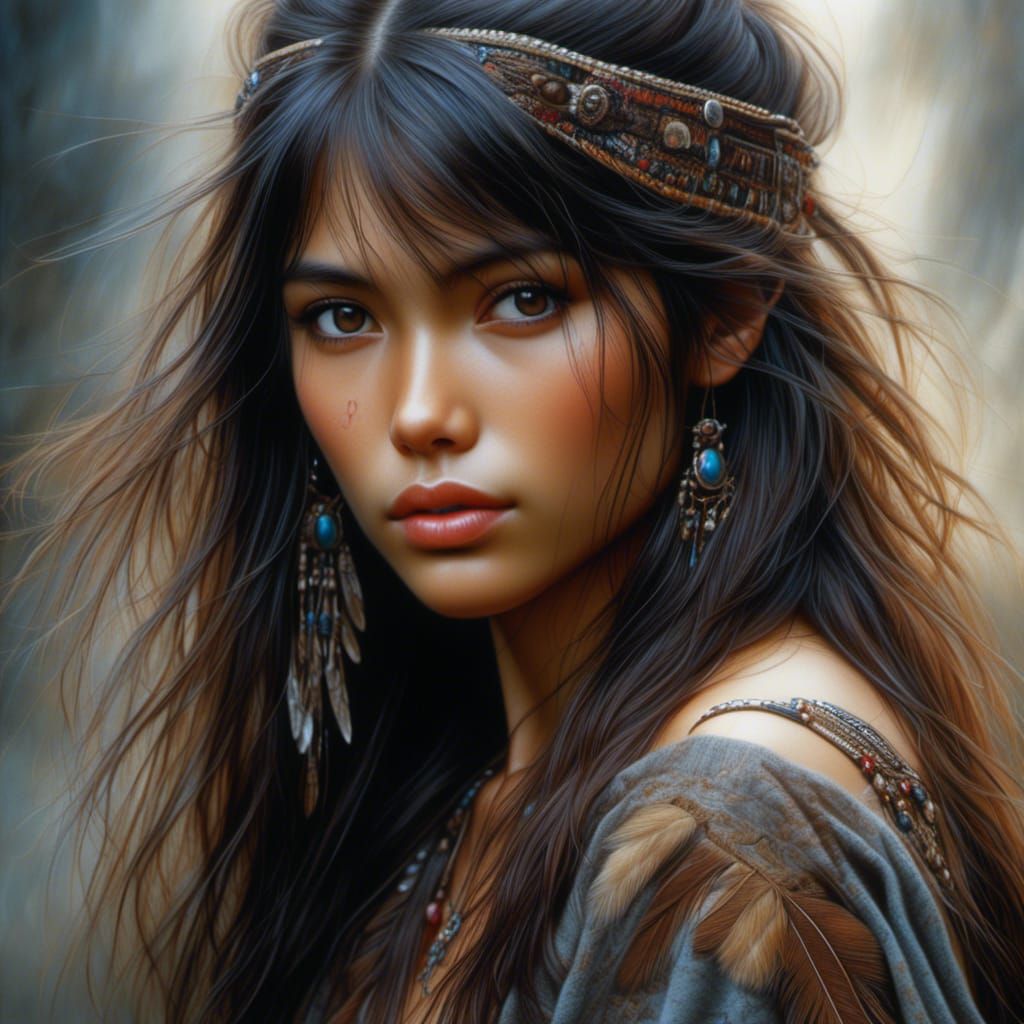 Beautiful American Indian Woman Portrait in Hyperreal Style