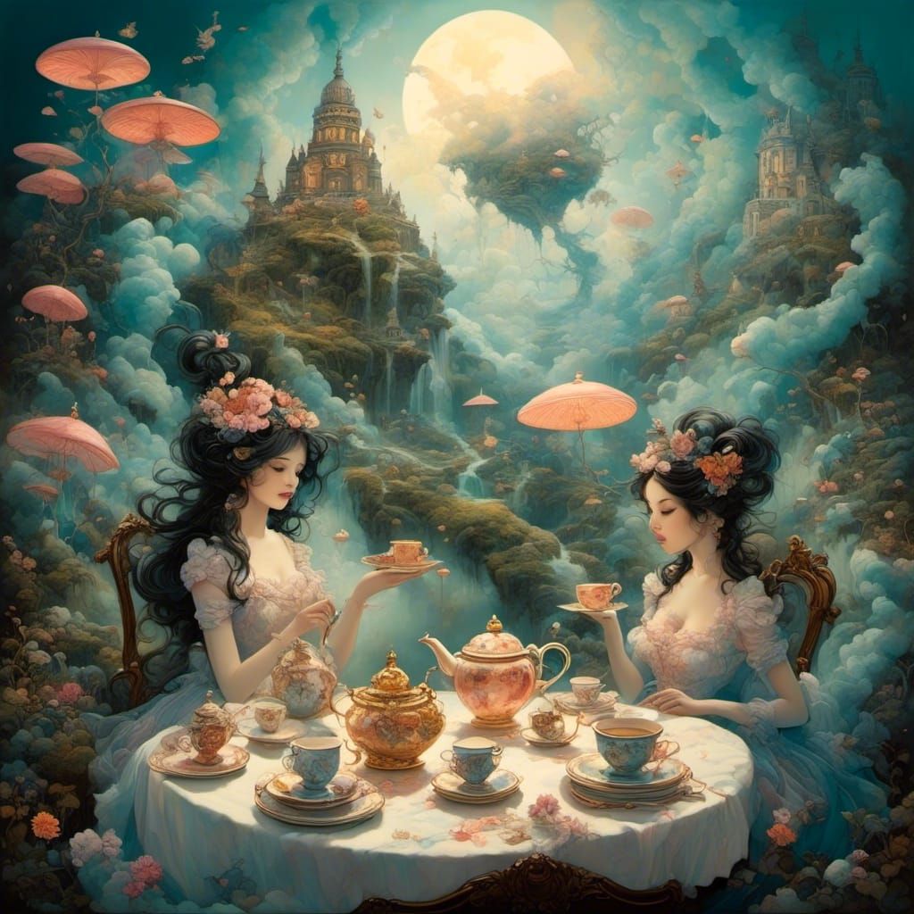 Surreal tea party in a whimsical dreamland, Blend of anime and comic book aesthetics,