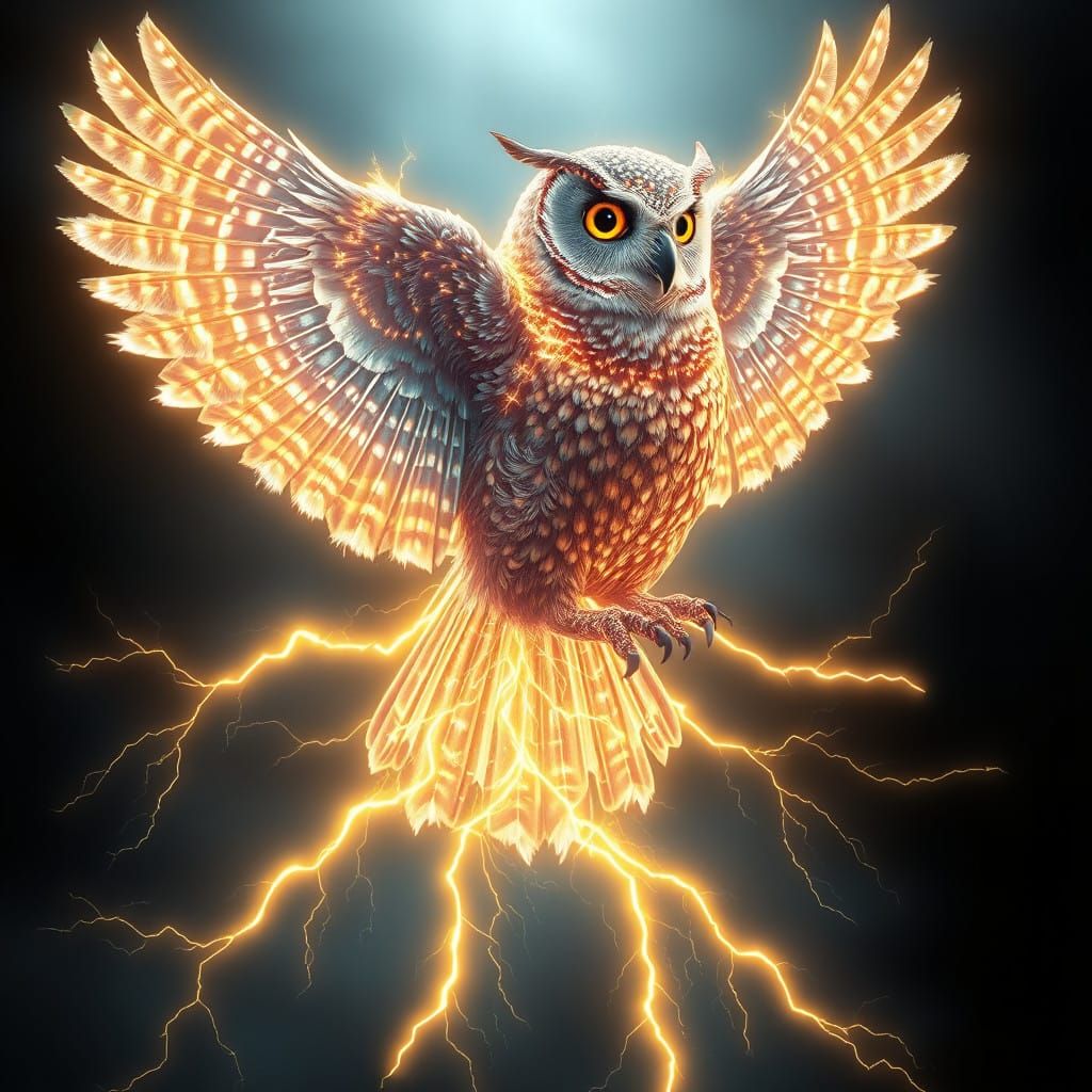 Luminous Owl of Radiant Light and Yellow Lightning Trails