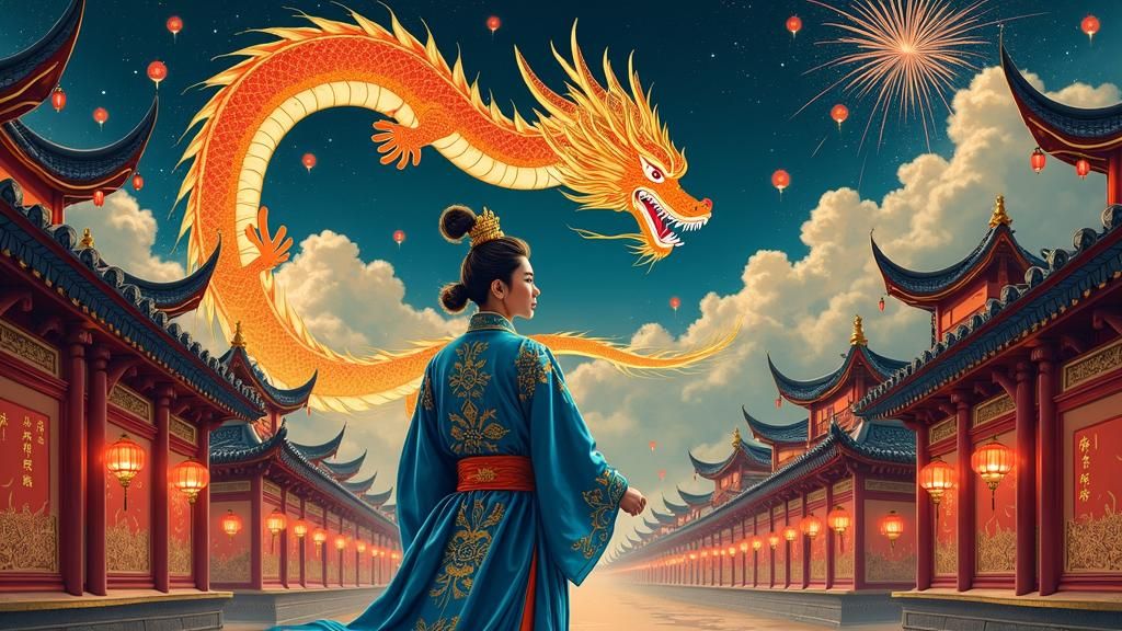 Regal Man and Dragon in Vibrant Chinese Village