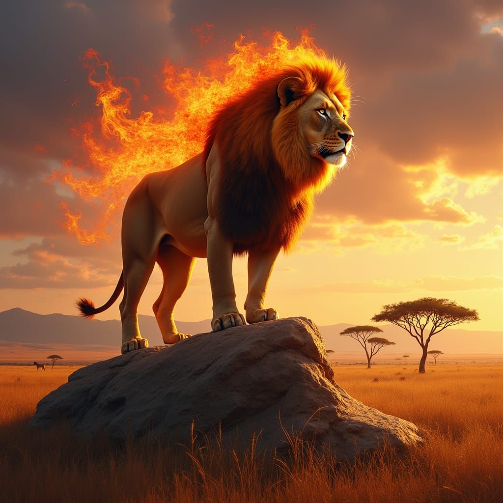 Regal Lion Amidst Blazing Sunset on Granite Crag