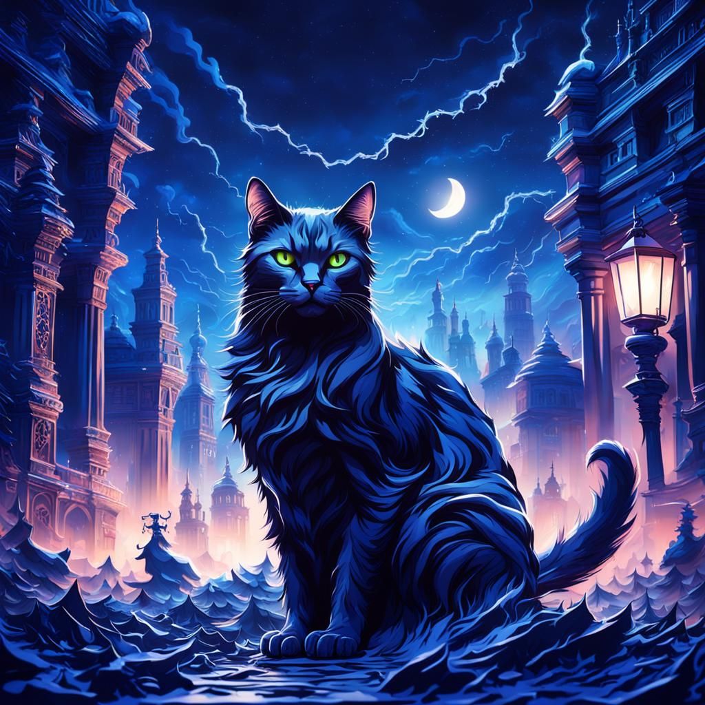 Ominous Black Cat in Dark Blue Night
