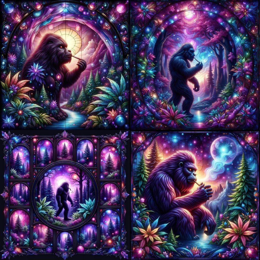 Bigfoot Smoking Joint in Cosmic Forest Stained Glass