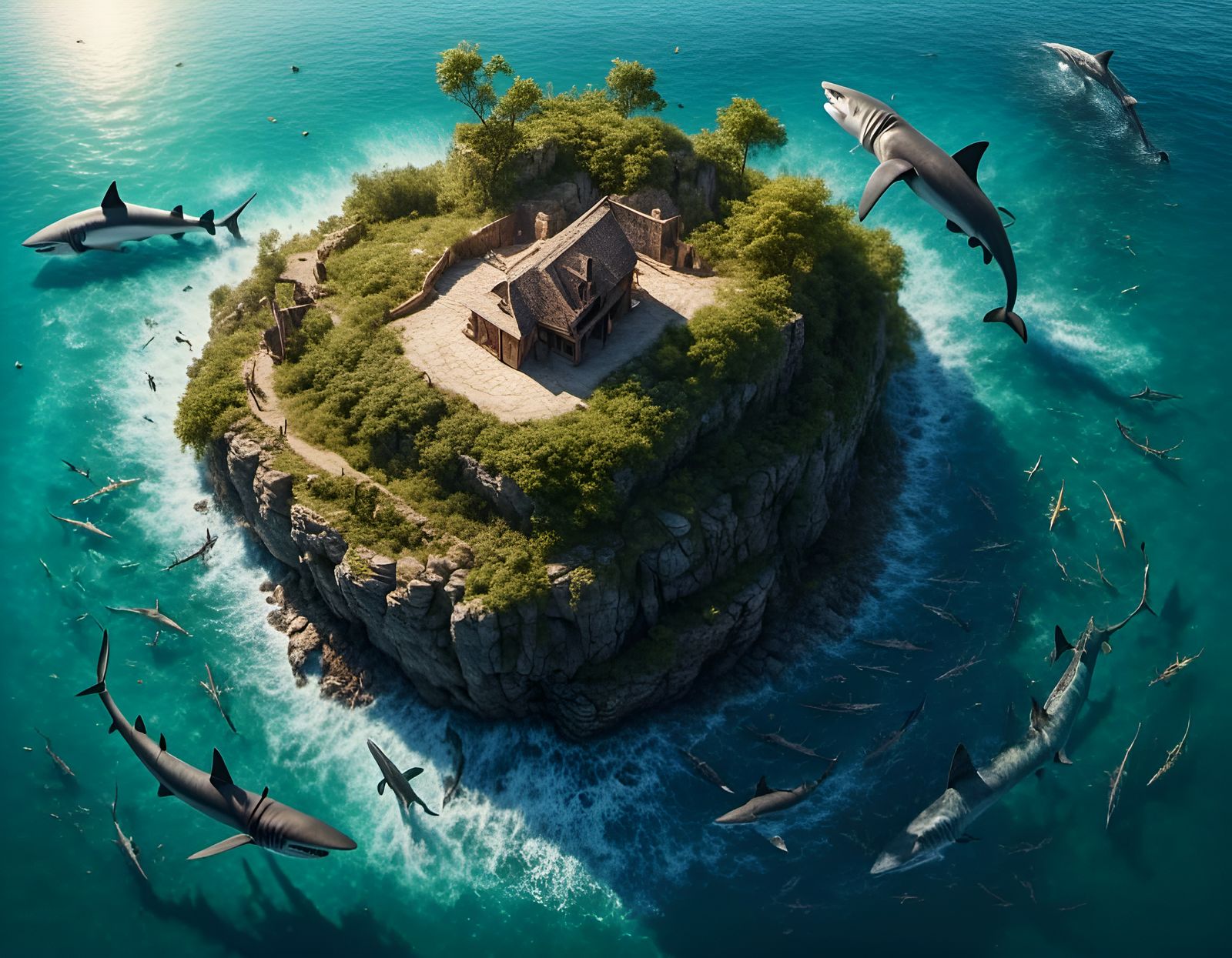 Giant Cat and Sharks Panoramic Surrealism