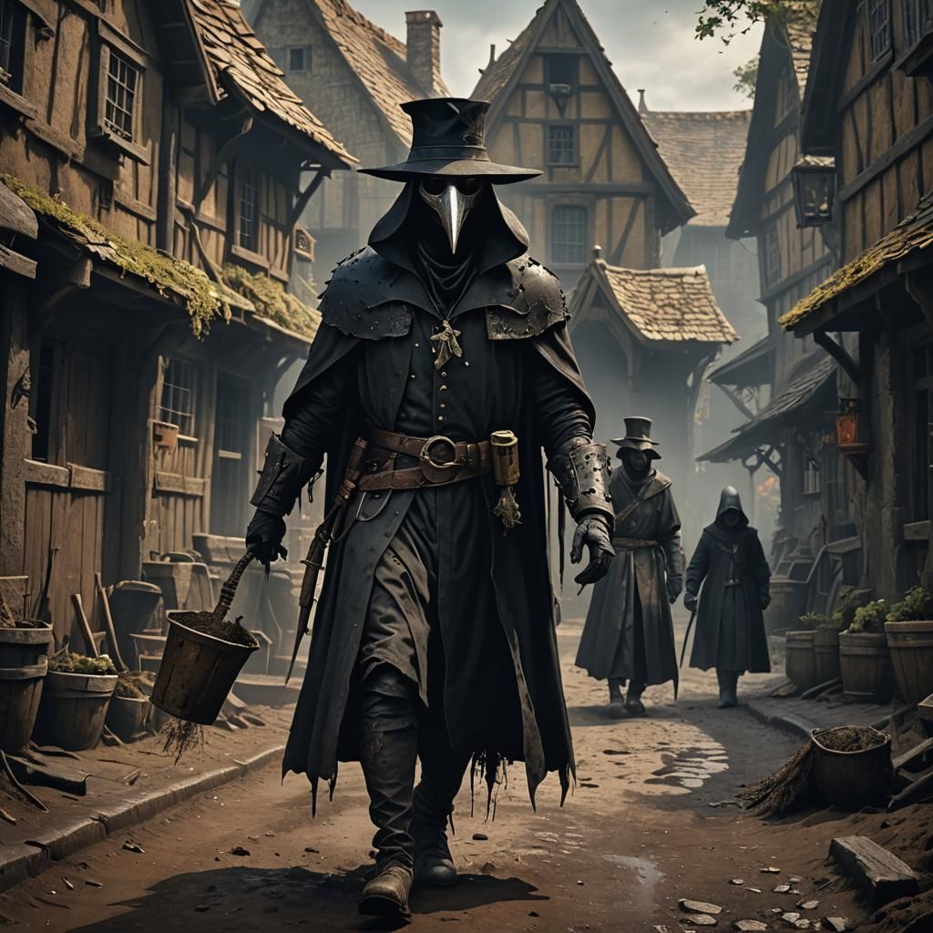 Ominous Plague Doctor in Grim Medieval Village