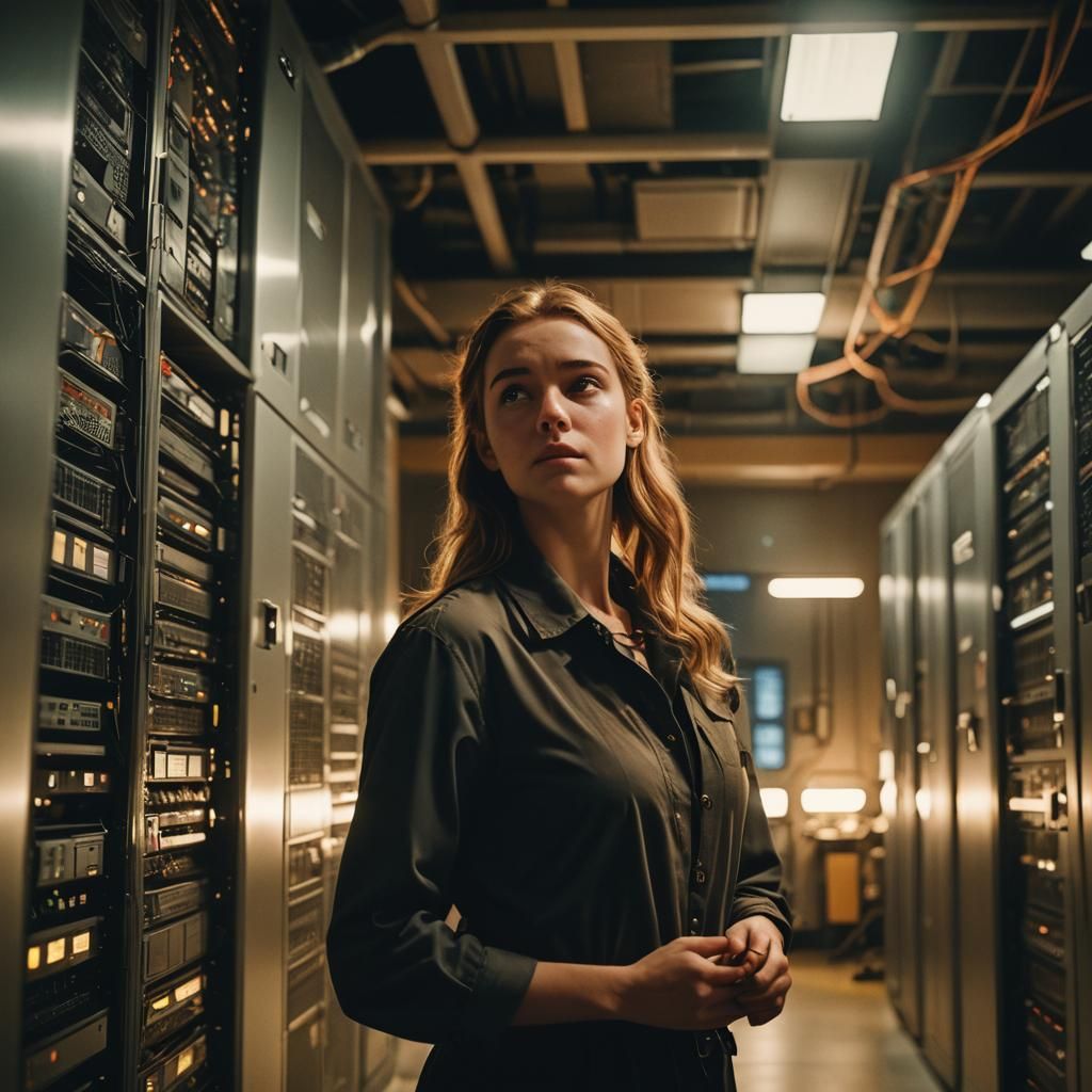Emma in Dimly Lit Server Room with Wormhole