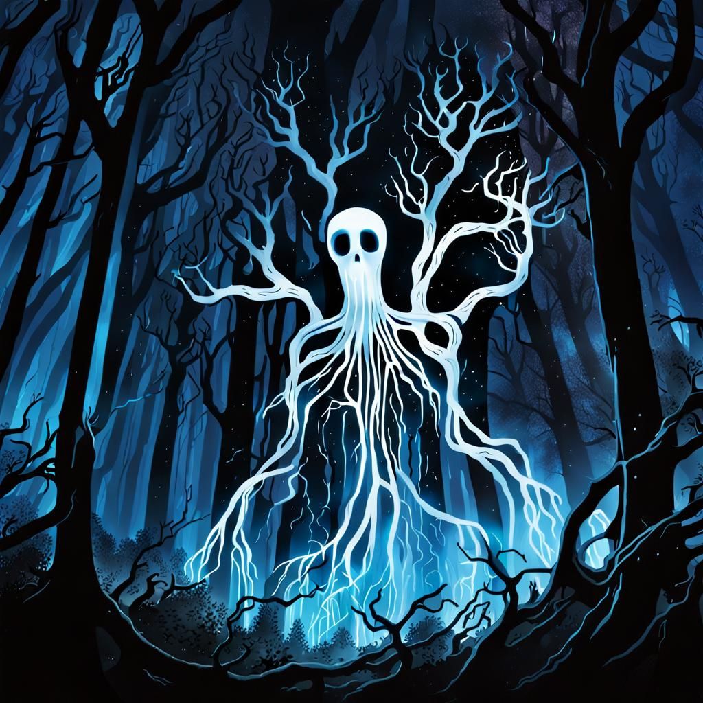 Eldritch Ghost in Dark Forest, Tim Burton Style
