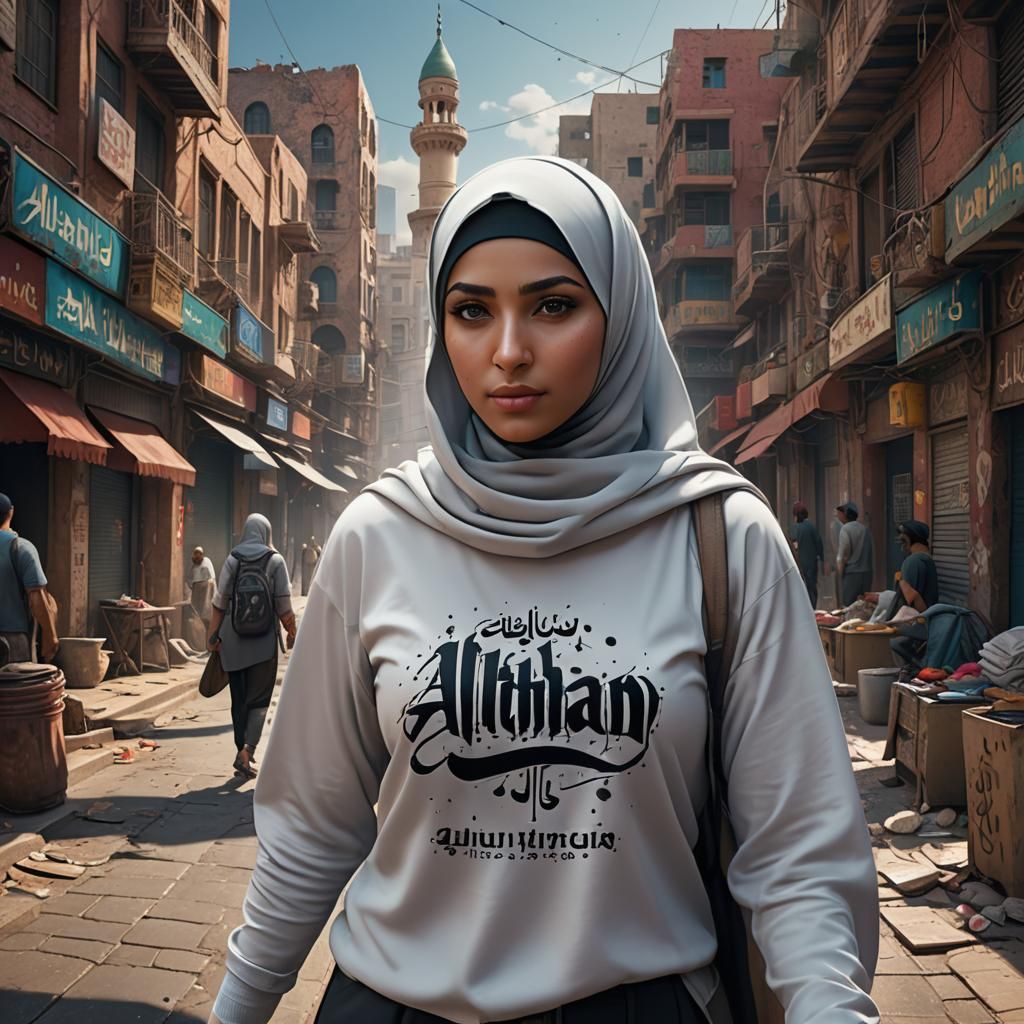 Beautiful Muslim Girl in City, Detailed Digital Painting