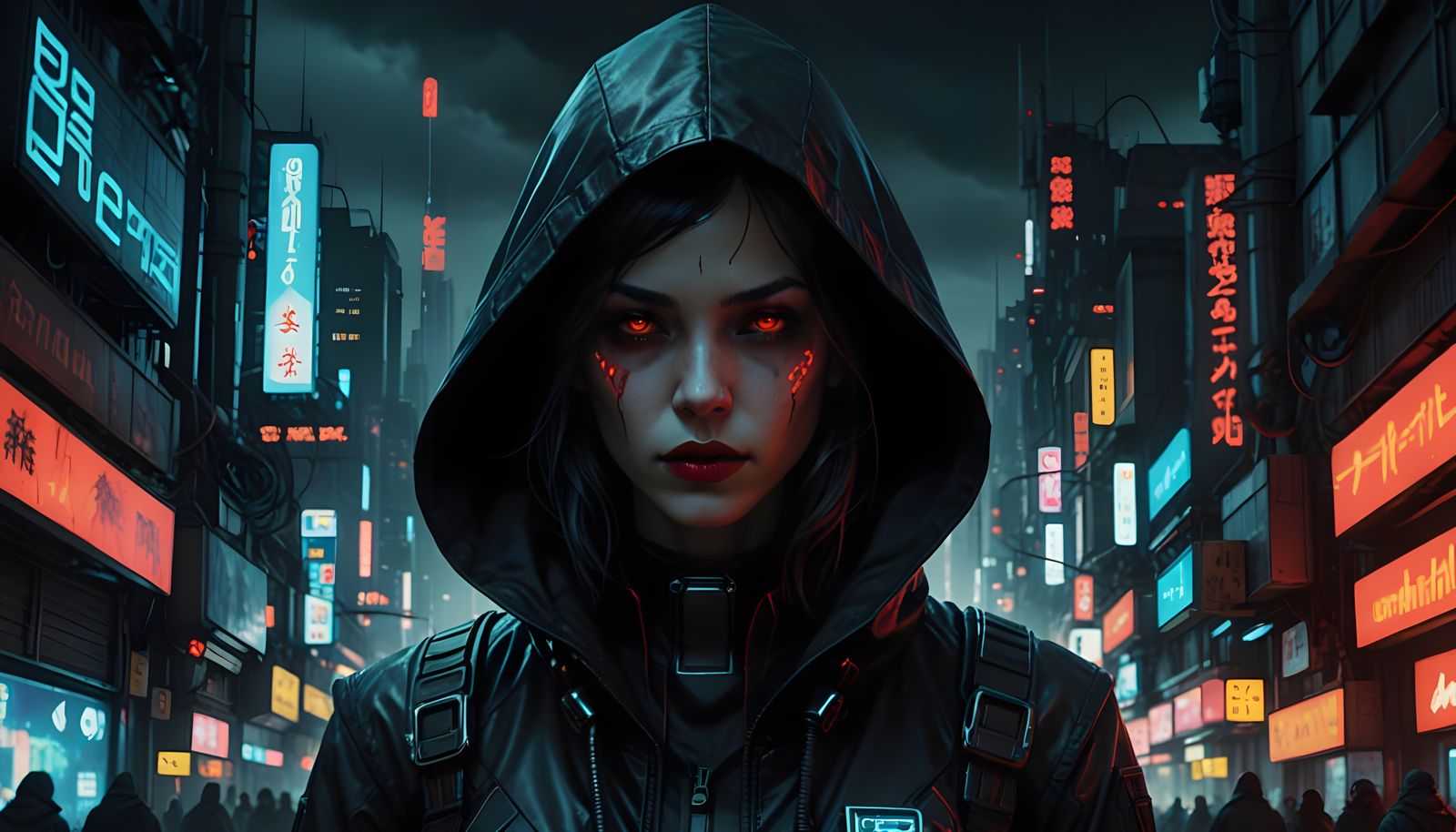 Cyberpunk Woman in Eerie Glow, Against Dark Futuristic Backg...