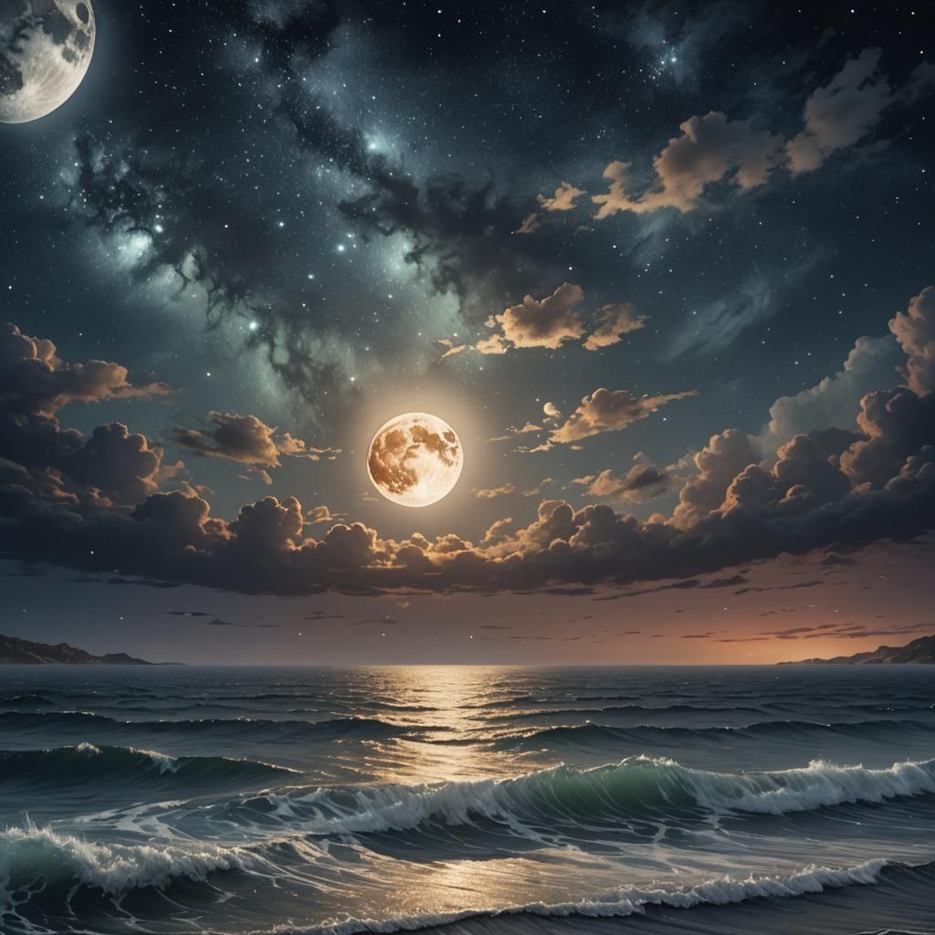 Watercolor Moonlit Ocean with Starry Sky