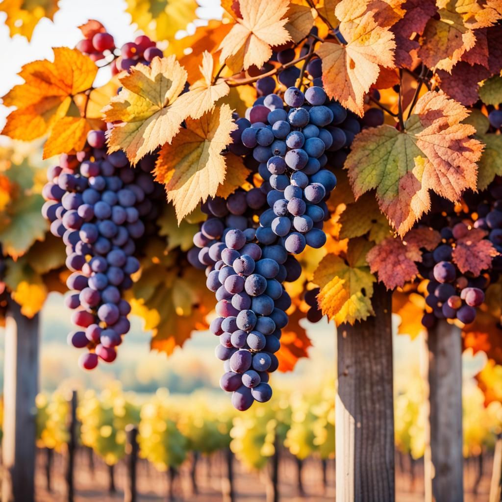 Grapes in Autumnal Vineyard: Watercolor Macro Photography