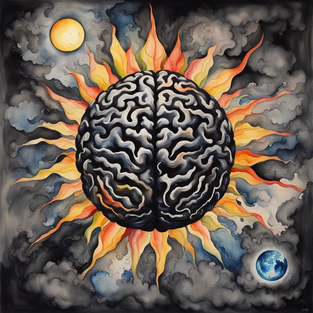 Inside Brain: Dark Sun in Watercolor Style